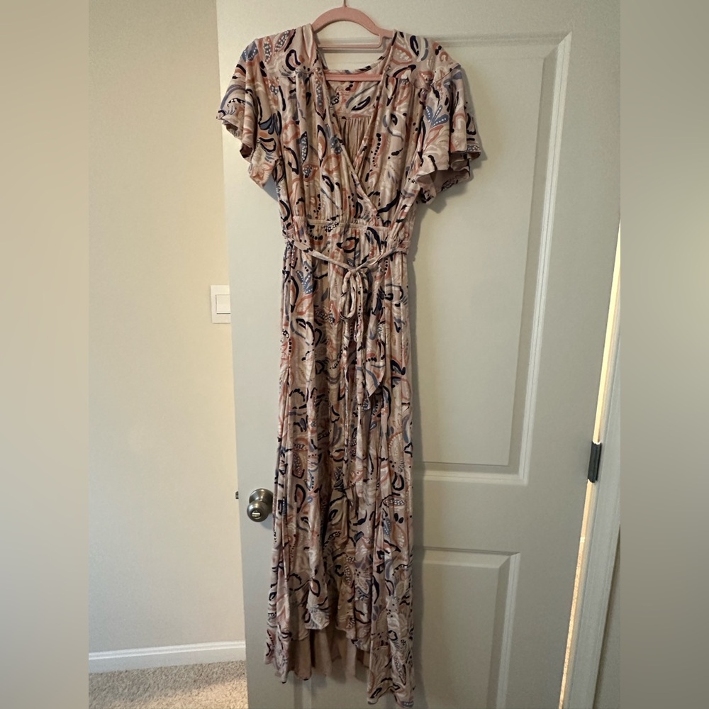 Women's Maternity Pink Patterned Maxi Dress with Tie Waist
